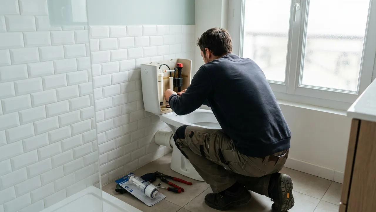 Remplacement du mécanisme d'une chasse d'eau dans les toilettes d'un appartement du 19e arrondissement de Paris