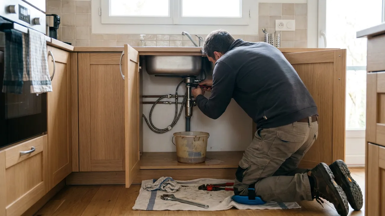 Réparation d'une fuite de siphon sous un évier de cuisine dans un appartement du 19e arrondissement de Paris